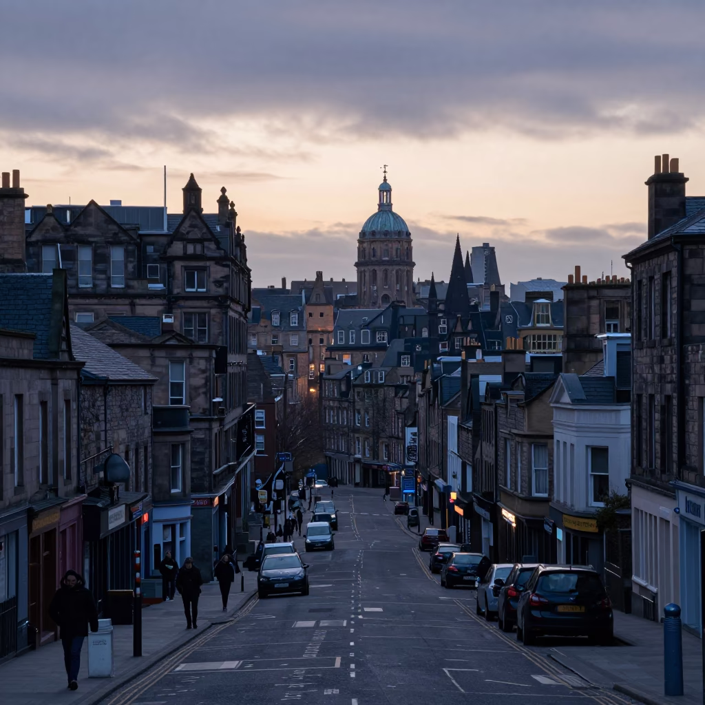 Pre-dawn Edinburgh Street Scene with Observatory Dome and Drifting Fog in in Edinburgh, United Kingdom