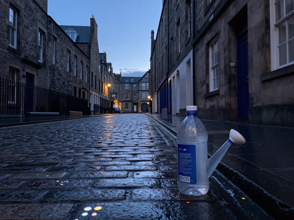 Pre-Dawn Edinburgh Street Scene with Paint Flecks and Watering Bottle on Cobblestone Pavement in in Edinburgh, United Kingdom