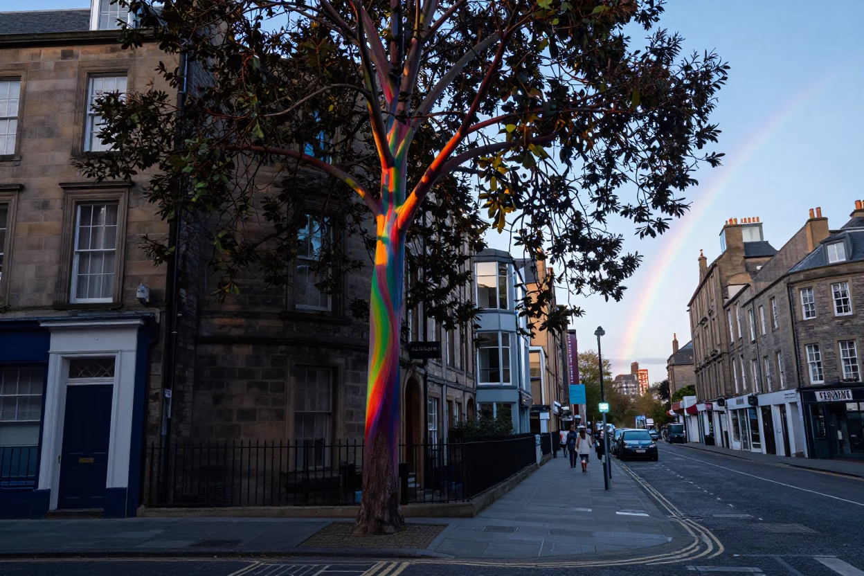 Pre-Dawn Edinburgh Street Scene with Rainbow Eucalyptus and Glass Tumbler in in Edinburgh, United Kingdom
