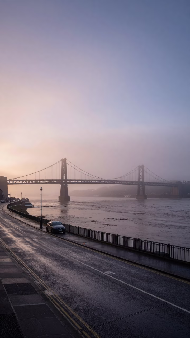 Pre-dawn Edinburgh street scene with sea fog and bridge pier in in Edinburgh, United Kingdom