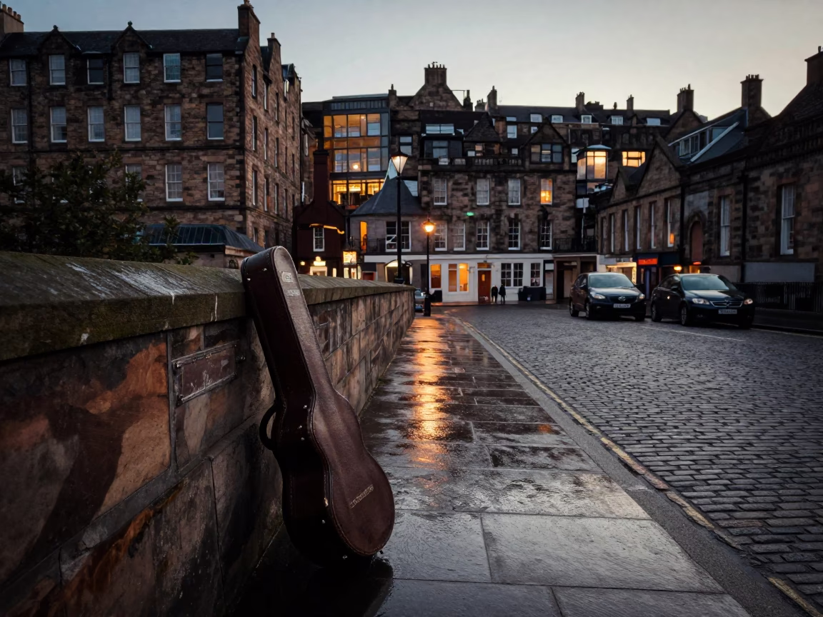 Pre-dawn Edinburgh street scene with vintage guitar case and quiet urban atmosphere in in Edinburgh, United Kingdom
