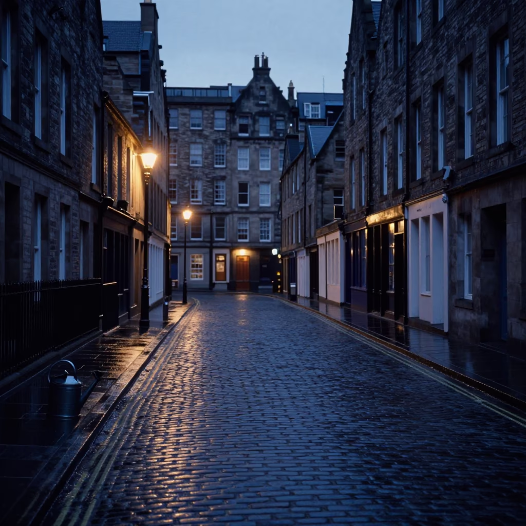 Pre-dawn Edinburgh Street Scene with Watering Cans and Cobblestone Architecture in in Edinburgh, United Kingdom