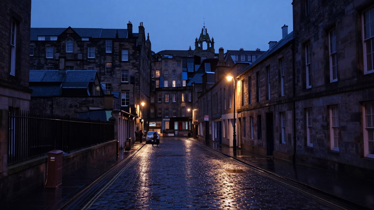 Pre-dawn Edinburgh street scene with wet cobblestones and historic architecture in in Edinburgh, United Kingdom