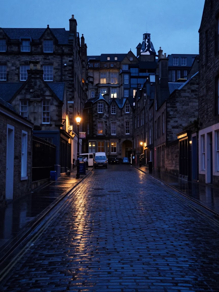 Pre-dawn Edinburgh street scene with wet cobblestones and historic sandstone architecture in in Edinburgh, United Kingdom
