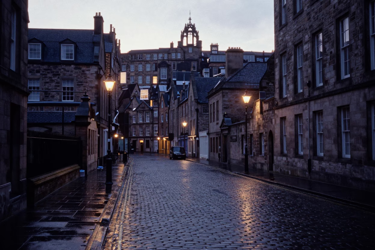Pre-dawn Edinburgh street scene with wet cobblestones and university archway bicycle rack in in Edinburgh, United Kingdom