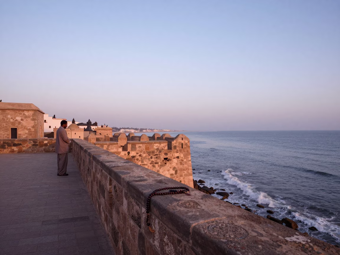 Pre-dawn Essaouira Coast with Prayer Beads and Water Rings on Railing in in Essaouira, Morocco