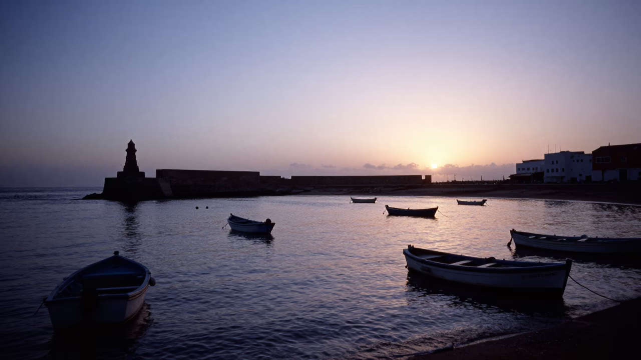 Pre-dawn Essaouira Harbor Breakwater and Blue Hour Sky with Local Fishermen in in Essaouira, Morocco