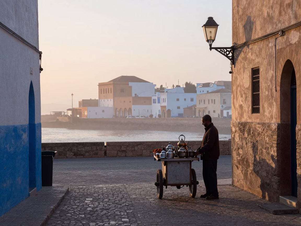 Pre-dawn Essaouira street scene with tea kettle and urban dawn light in in Essaouira, Morocco