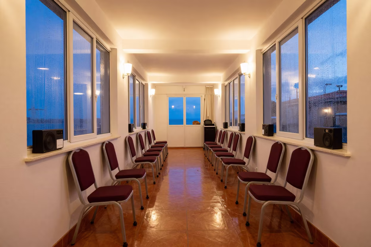 Pre-Dawn Event Corridor in Nice with Chairs in in a quiet guest corridor in Nice