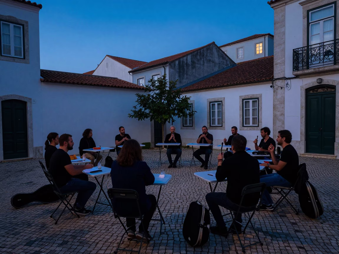 Pre-dawn Fado rehearsal in Alfama Lisbon with folding tables and tea tin in in Lisbon, Portugal