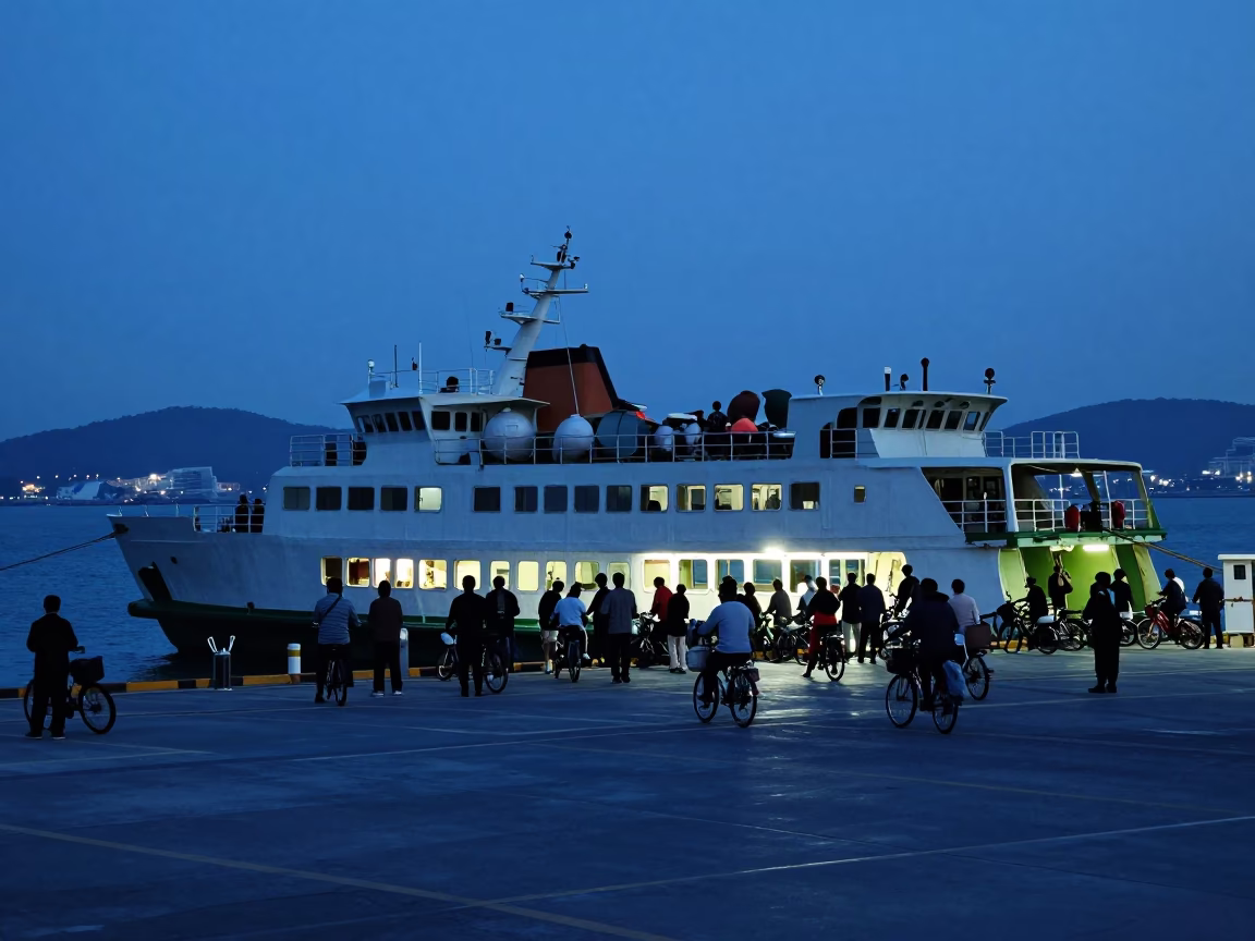 Pre-dawn Ferry Loading Passengers and Bicycles at Kaohsiung Harbor in Taiwan in in Kaohsiung, Taiwan