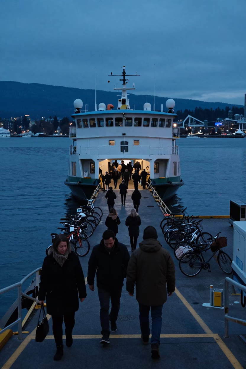 Pre-dawn Ferry Loading Passengers and Bicycles at Vancouver British Columbia Dock in in Vancouver, British Columbia, Canada