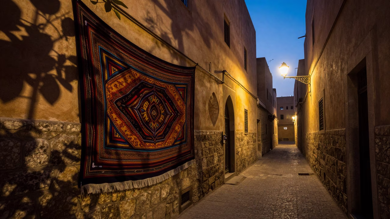 Pre-dawn Fez Morocco Alleyway with Tapestry and Leaf Shadows on Traditional Tile Grout in in Fez, Morocco