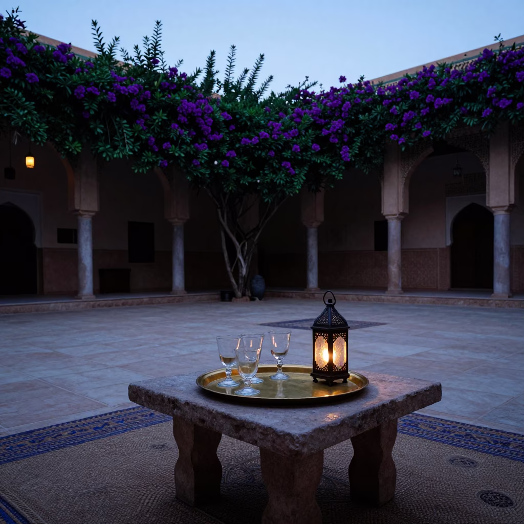 Pre-dawn Fez Morocco Courtyard with Glass Tumblers and Plumbago Hedge in in Fez, Morocco