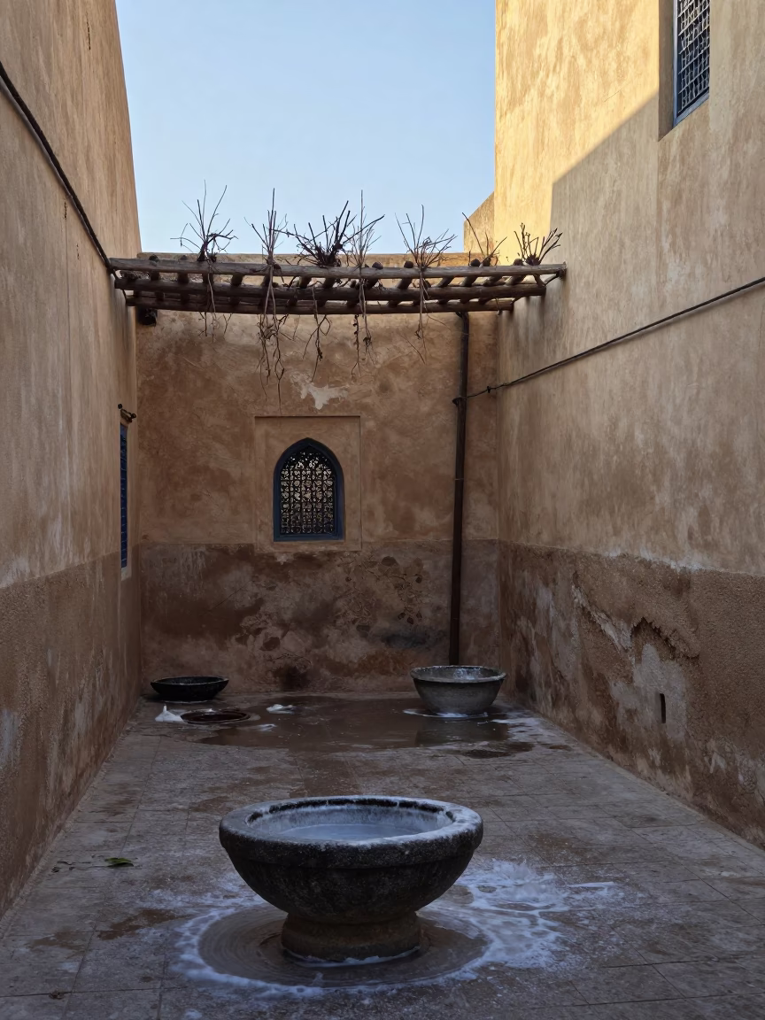 Pre-dawn Fez Morocco courtyard with soap residue and morning light in in Fez, Morocco