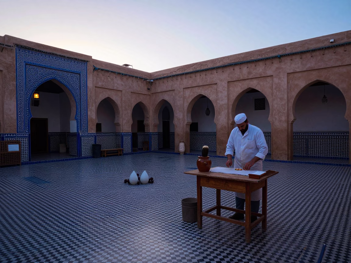 Pre-Dawn Fez Morocco Courtyard with Whisk and Pickle Jar Before Sunrise in in Fez, Morocco