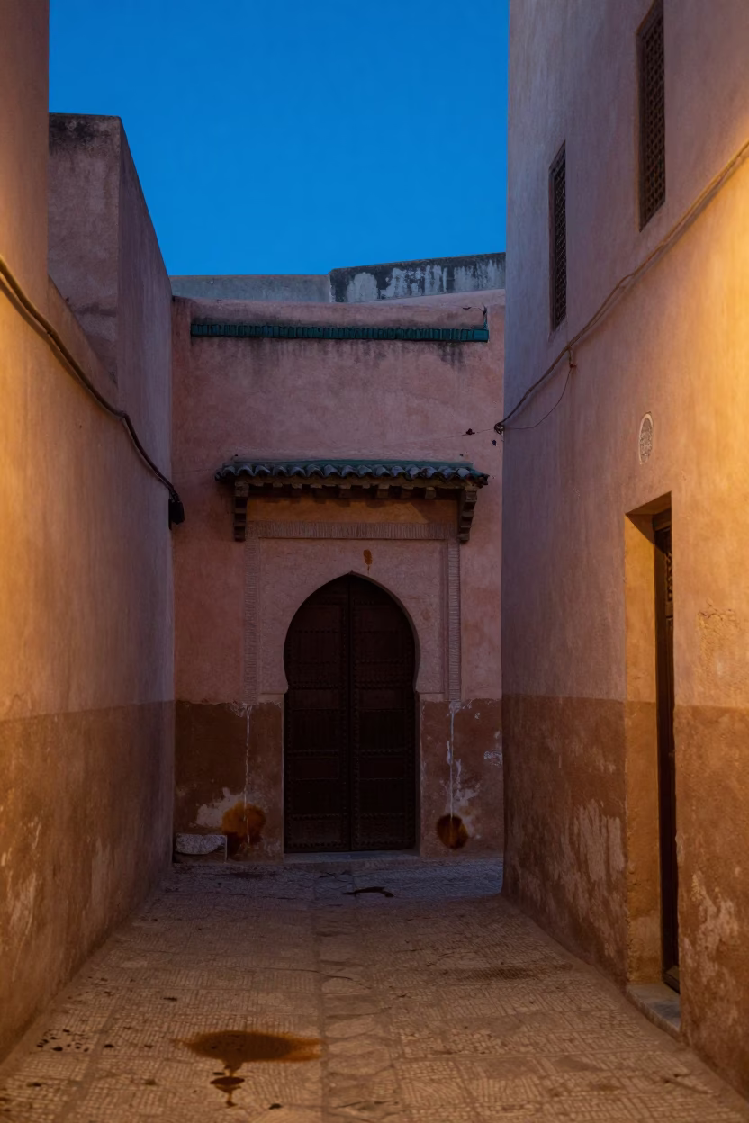 Pre-dawn Fez Morocco Narrow Alleyway with Tea Stains and Morning Light in in Fez, Morocco