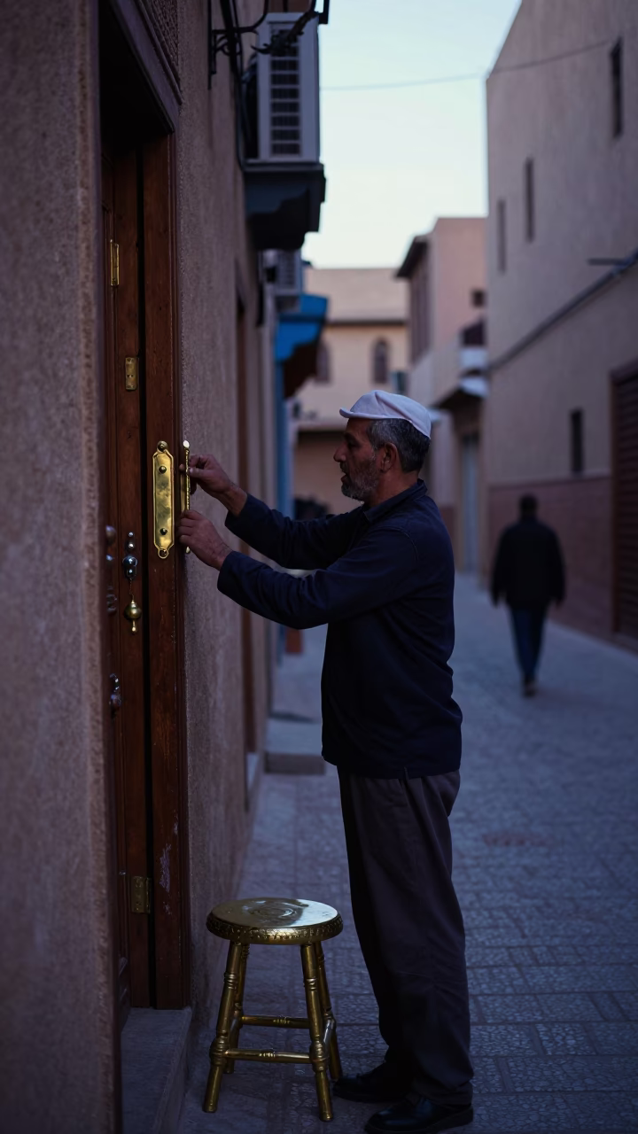 Pre-Dawn Fez Morocco Street Scene with Brass Hardware and Stool in in Fez, Morocco