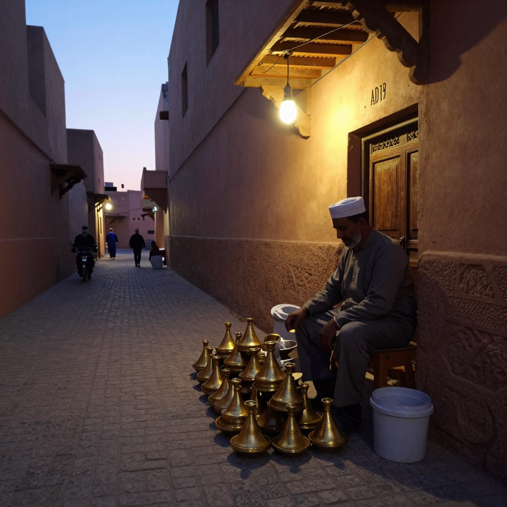 Pre-Dawn Fez Morocco Street Scene with Local Vendor and Traditional Kitchen Utensils in in Fez, Morocco