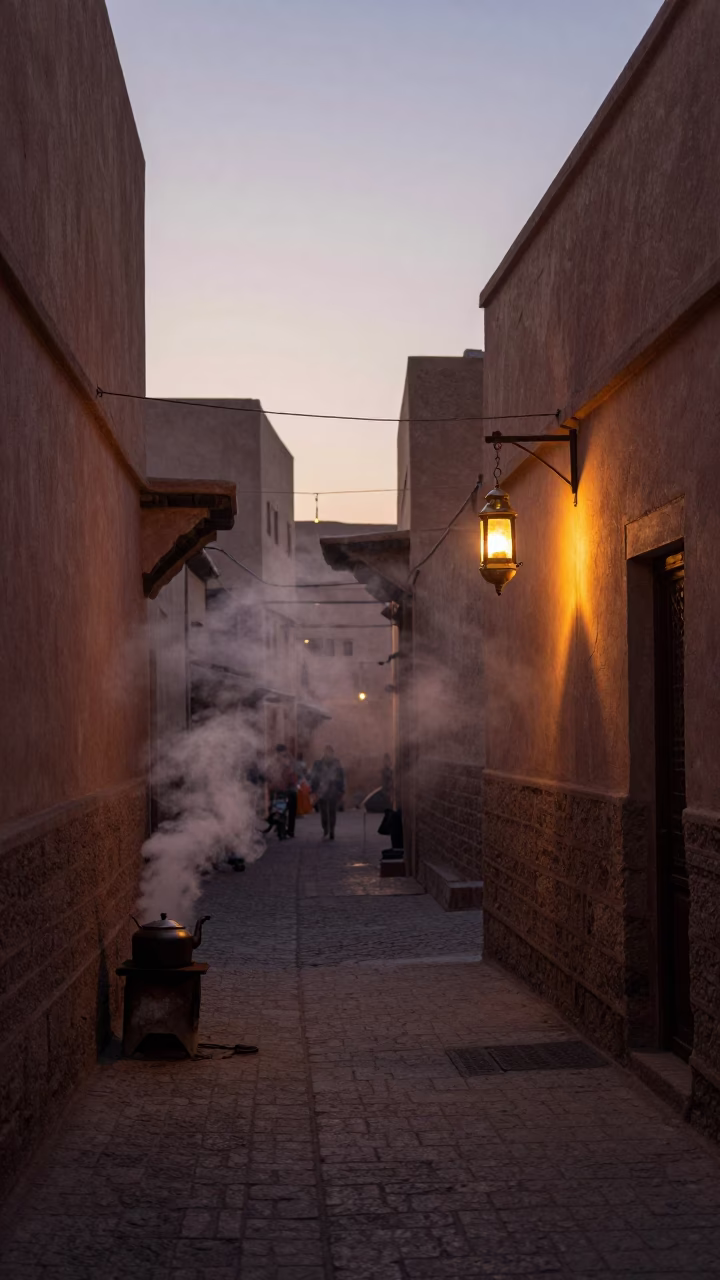 Pre-dawn Fez Morocco street scene with steam haze and traditional lanterns in in Fez, Morocco