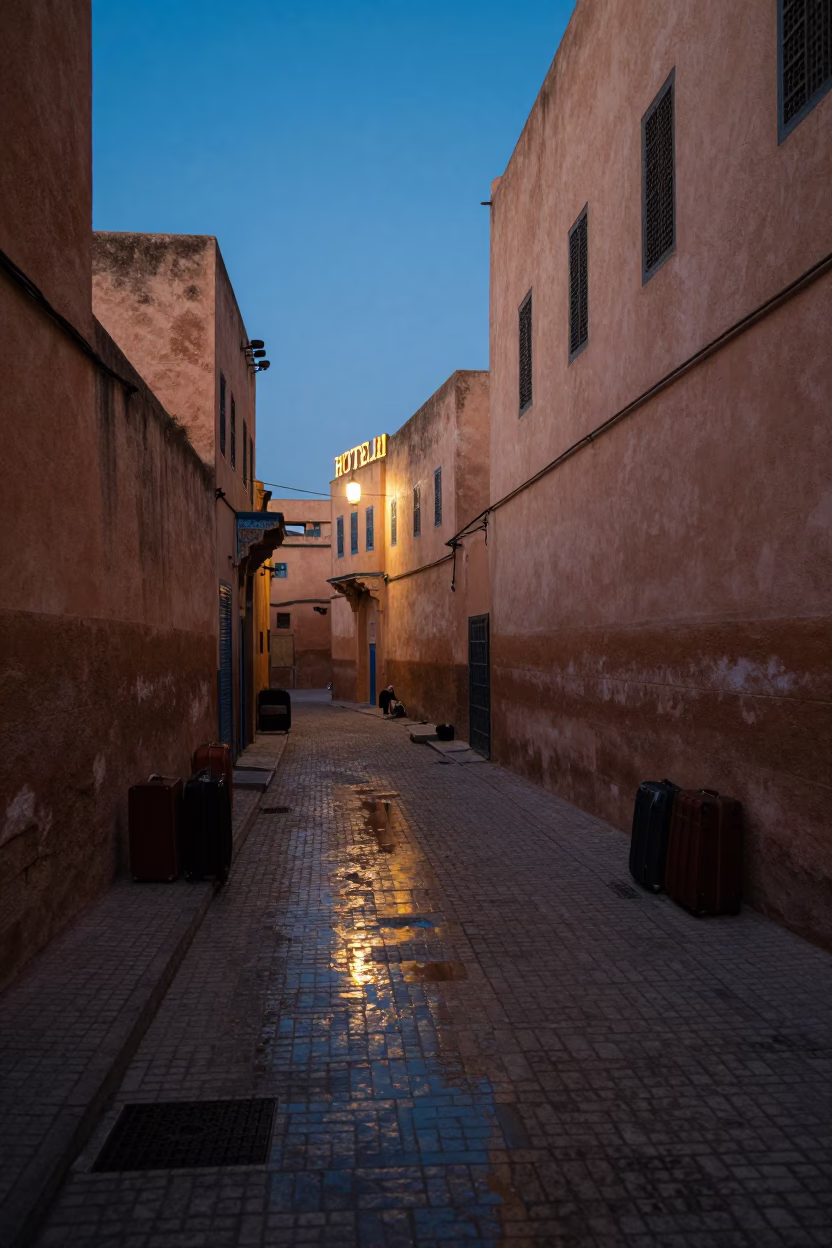Pre-dawn Fez Morocco Street Scene with Suitcases and Hotel Reflections in in Fez, Morocco