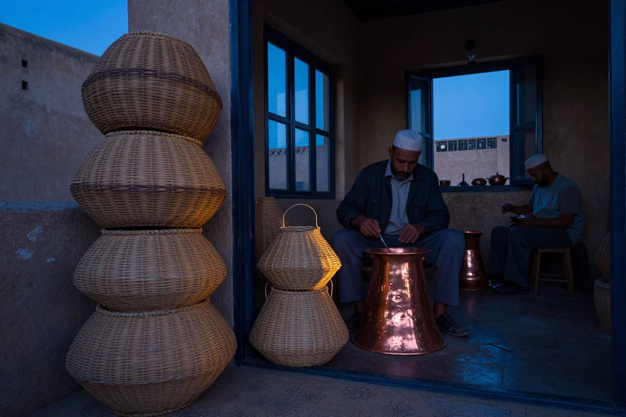 Pre-dawn Fez Morocco Workshop with Woven Baskets and Copper Burnishing Tools in in Fez, Morocco
