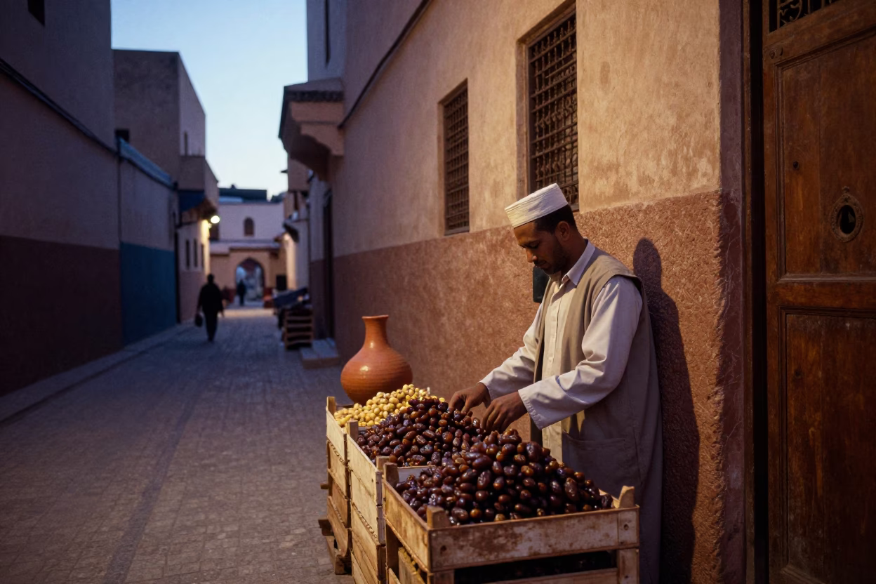 Pre-dawn Fez street scene with dates and traditional clay pots in Morocco in in Fez, Morocco
