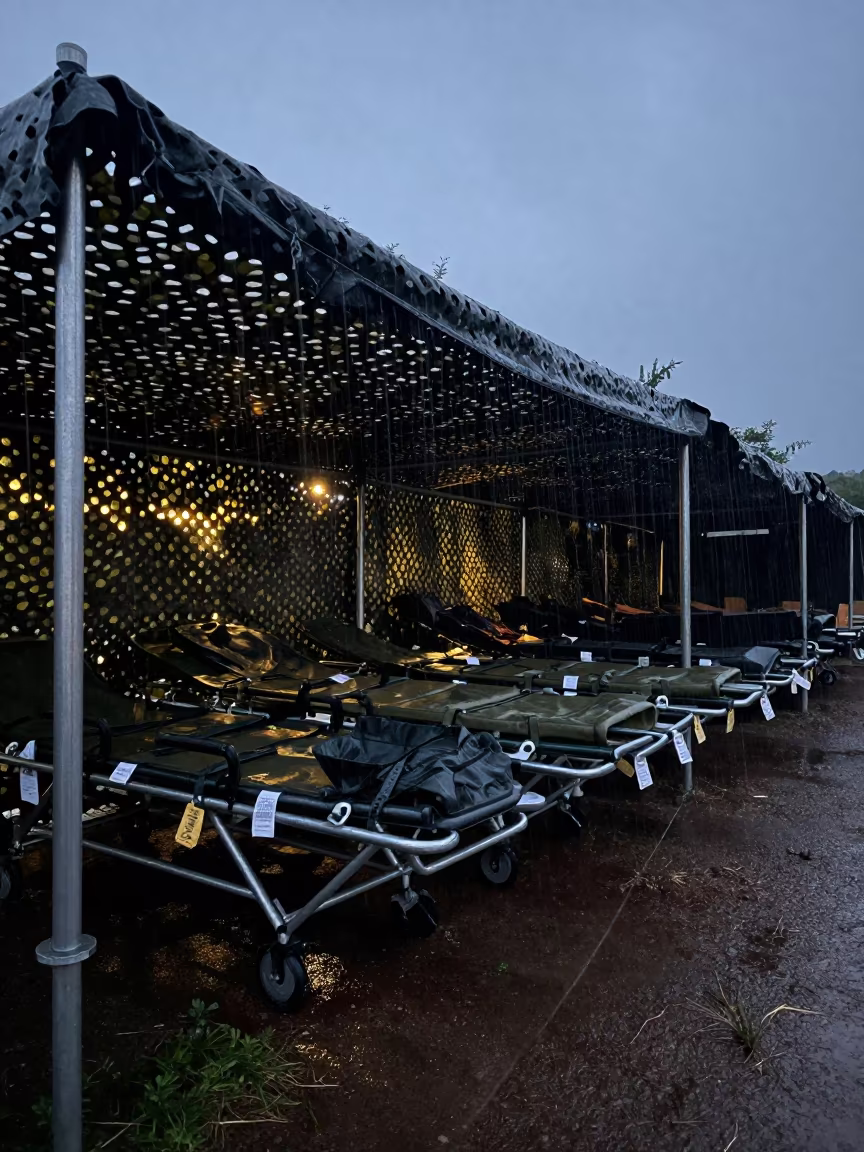 Pre-Dawn Field Stretcher Bay Hawaii Monsoon in beneath a camouflage net shelter in Hawaii