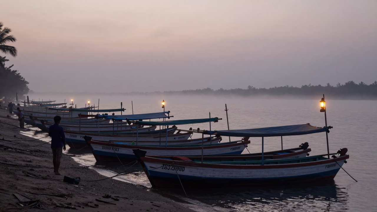 Pre-Dawn Fishing Activity in Kochi India Harbor with Lanterns and Boats in in Kochi, India