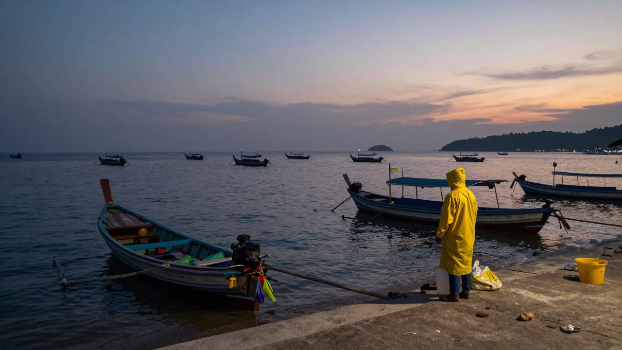 Pre-dawn fishing boats at Phuket Chalong Pier with local vendor and lantern light in in Phuket, Thailand