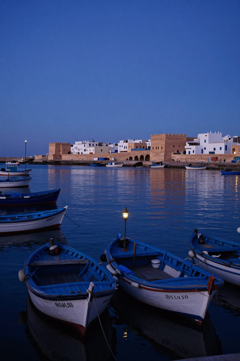 Pre-dawn fishing harbor in Essaouira Morocco with lanterns and wooden boats in in Essaouira, Morocco