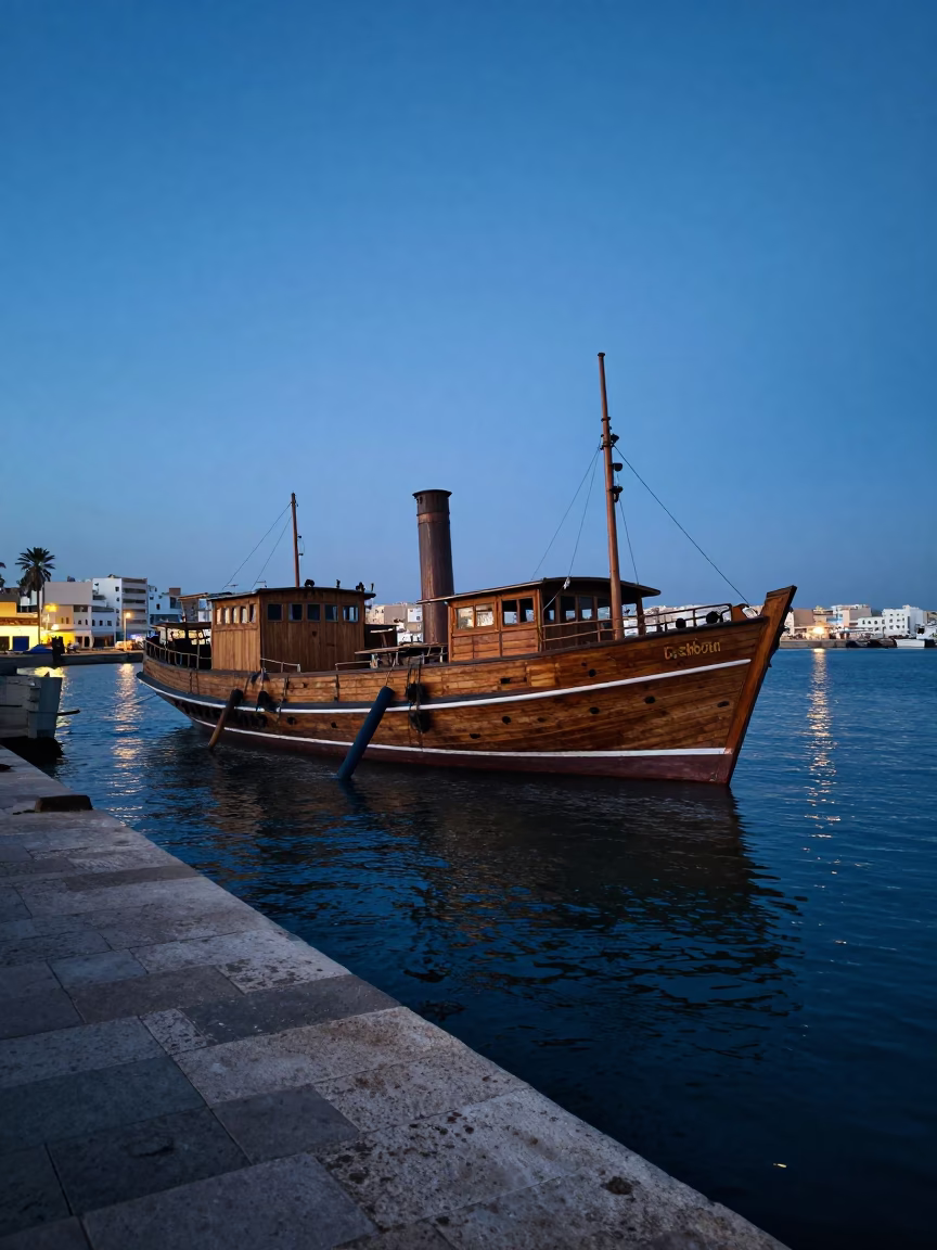 Pre-dawn fishing harbor scene with listing steamship in Essaouira Morocco in in Essaouira, Morocco