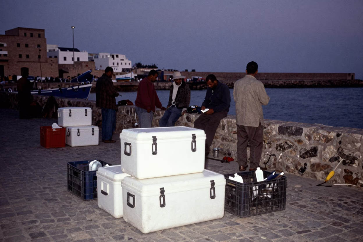 Pre-dawn fishing logistics in Essaouira Morocco with crates and tools in in Essaouira, Morocco