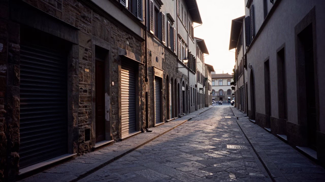 Pre-dawn Florence Italy street scene with closed shop shutters and empty cobblestone piazza in in Florence, Italy