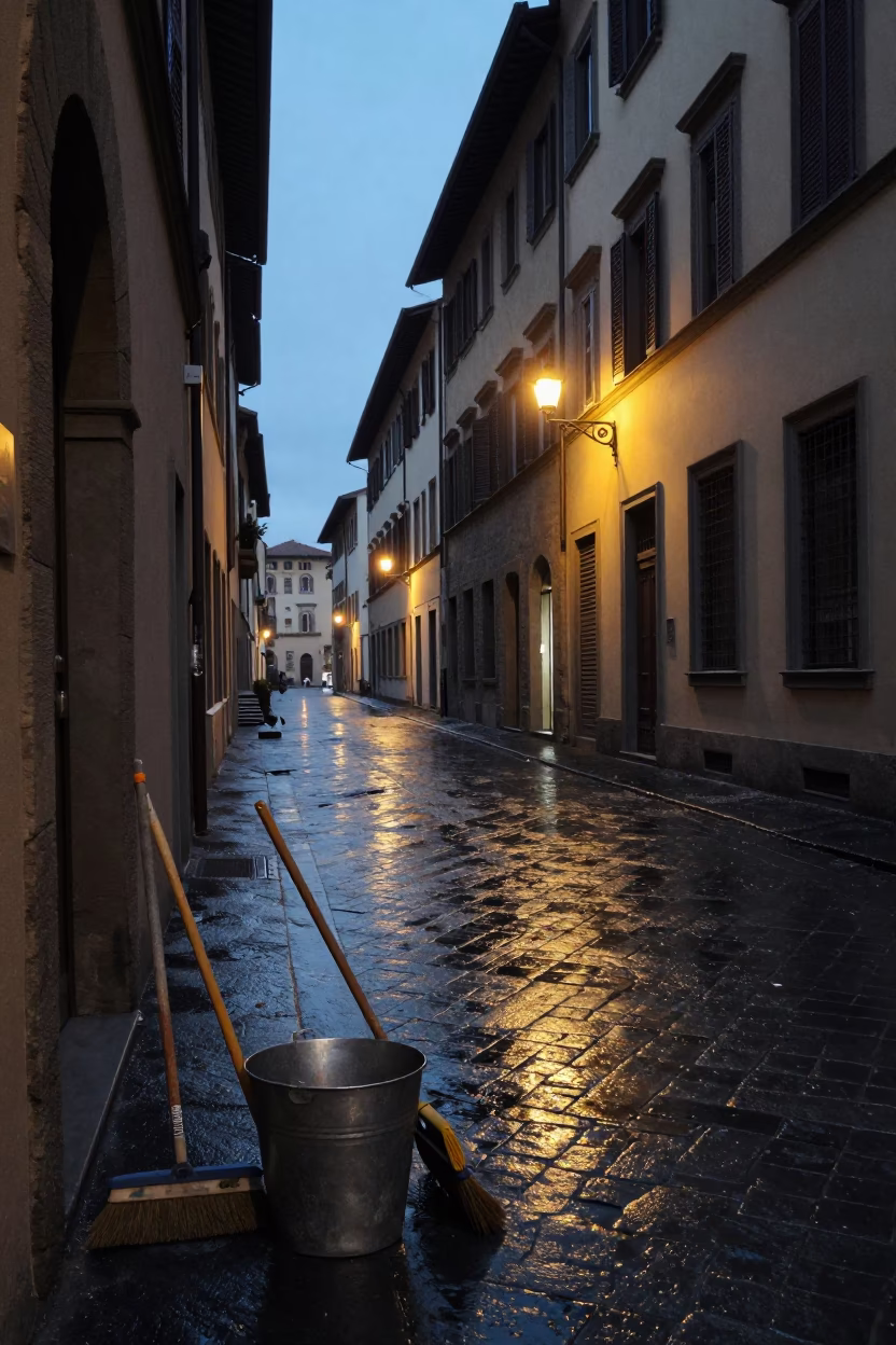 Pre-dawn Florence Italy street scene with metal bucket and brooms near historic architecture in in Florence, Italy