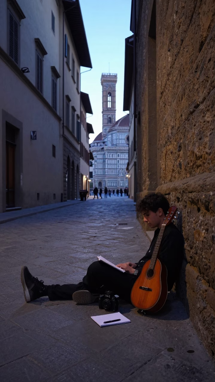 Pre-dawn Florence Italy street scene with notebook and mandolin near historic architecture in in Florence, Italy