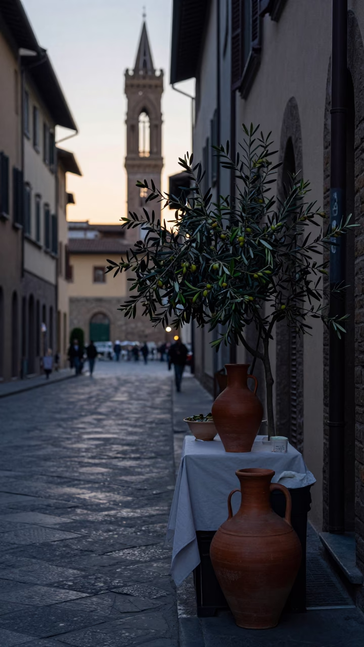 Pre-dawn Florence Italy street scene with terracotta jug and olive oil before sunrise in in Florence, Italy