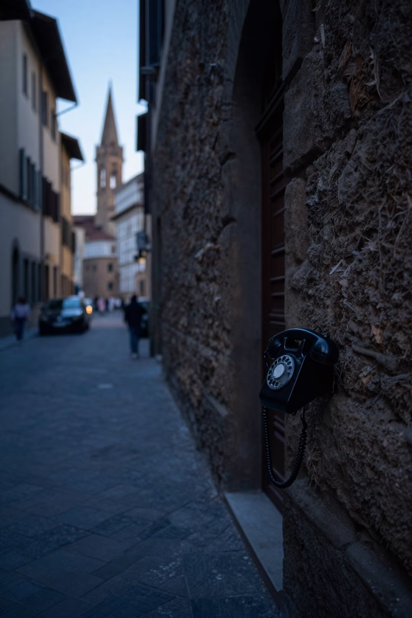 Pre-dawn Florence Italy street scene with vintage Bakelite telephone and morning light in in Florence, Italy