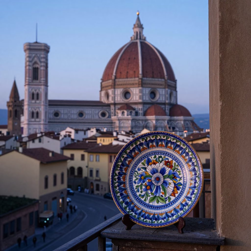 Pre-dawn Florence Italy Street Scene with Vintage Majolica Plate on Stone Balcony in in Florence, Italy