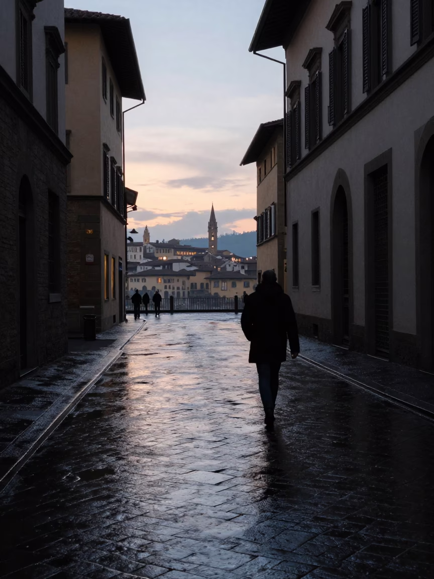 Pre-dawn Florence Italy street scene with wet cobblestones and distant bell tower in in Florence, Italy