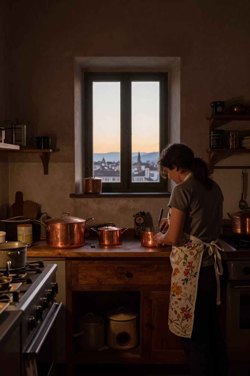 Pre-dawn Florence kitchen with copper pots and vintage radio in in Florence, Italy