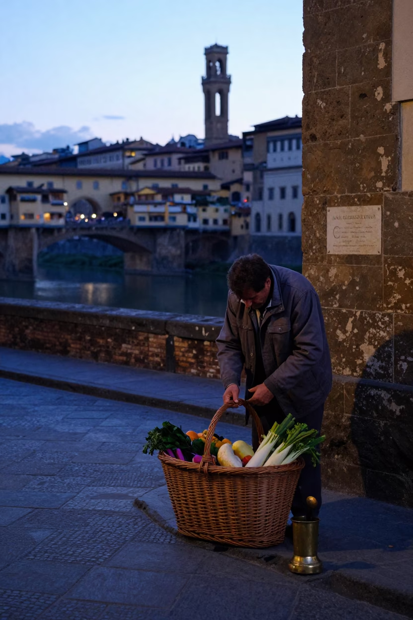Pre-dawn Florence Street Corner with Wicker Basket and Brass Fixtures in in Florence, Italy