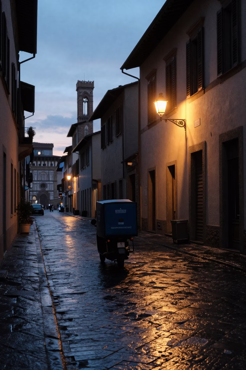 Pre-dawn Florence street scene with early bakery deliveries and historic architecture in in Florence, Italy