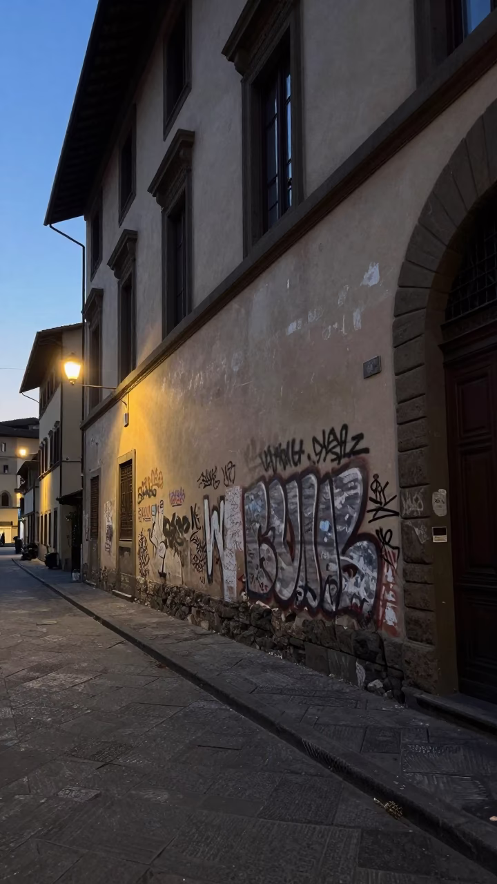 Pre-dawn Florence Street Scene with Faded Graffiti and Stone Architecture in in Florence, Italy