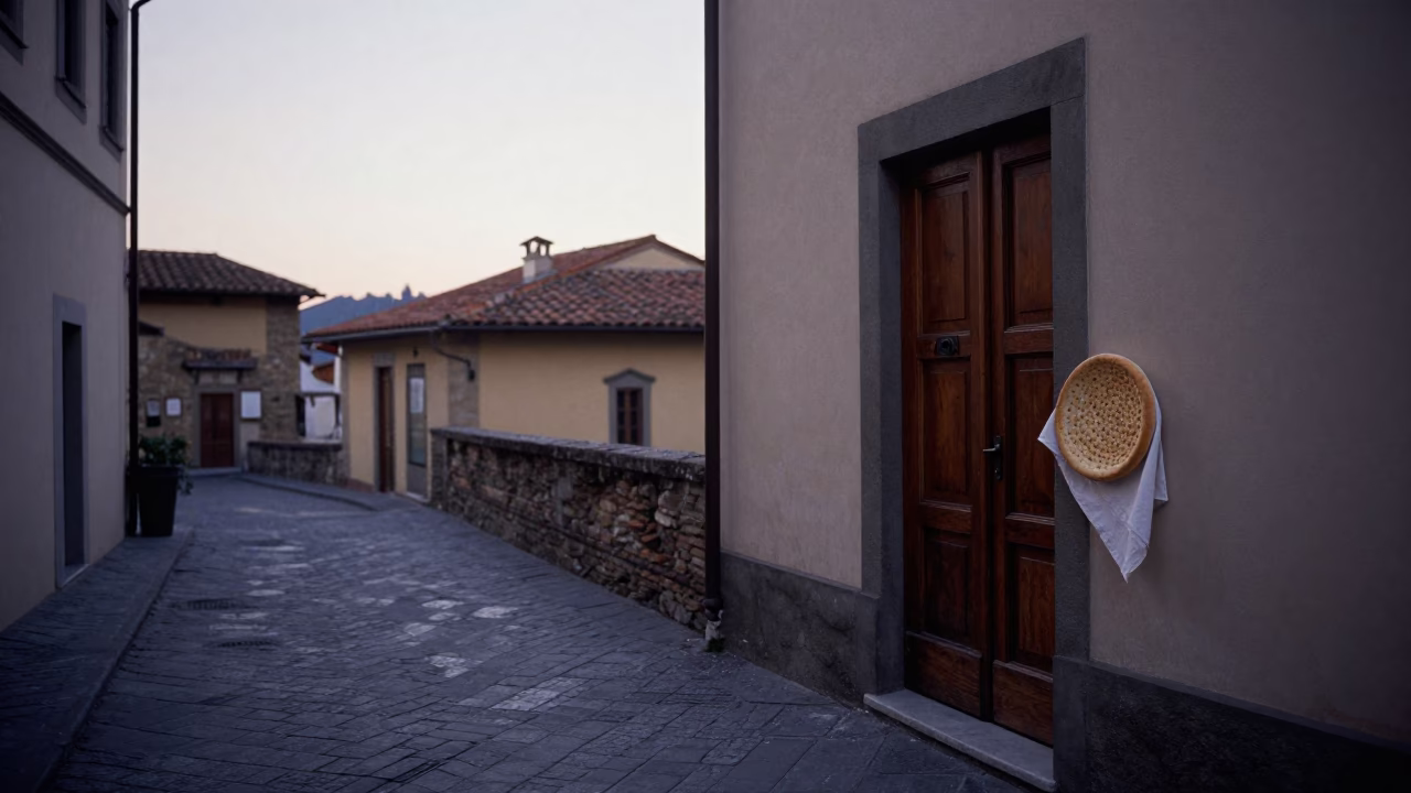 Pre-Dawn Florence Street Scene with Linen Napkin and Manakeesh Plate in in Florence, Italy