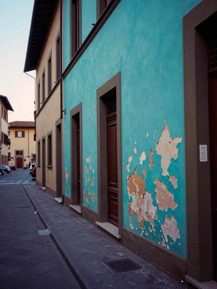 Pre-dawn Florence street scene with peeling turquoise paint and brass fixtures in in Florence, Italy