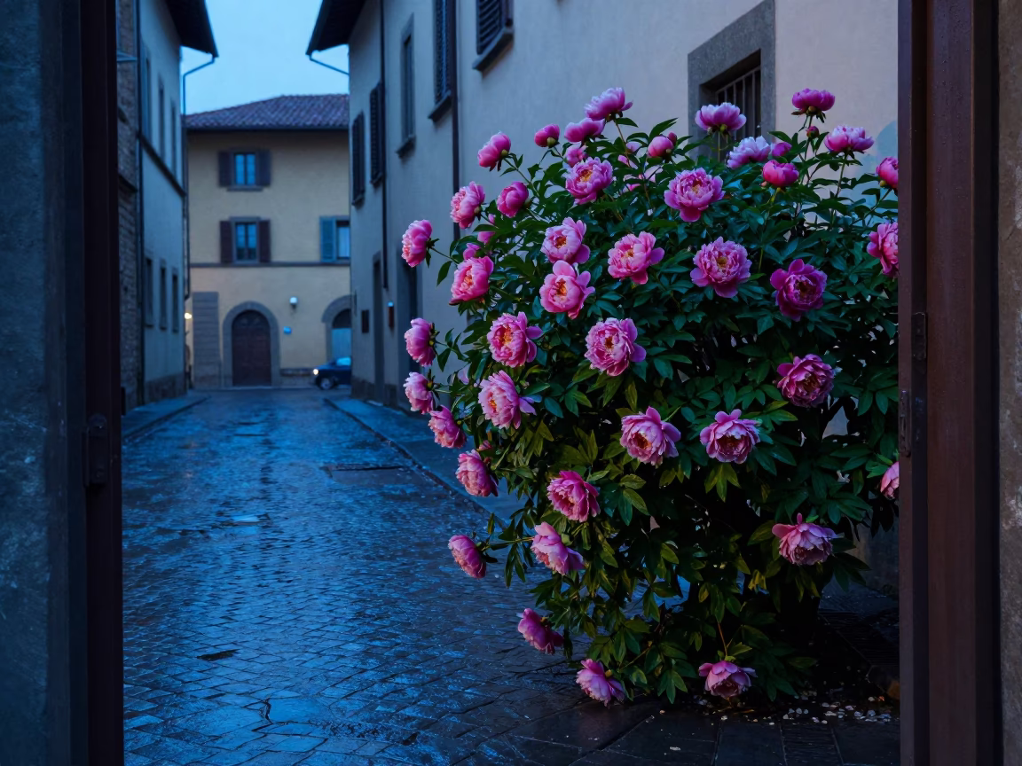 Pre-dawn Florence Street Scene with Peony Bush and Doorframe in in Florence, Italy