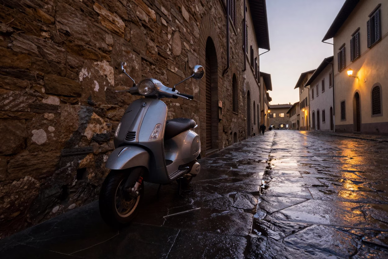 Pre-Dawn Florence Street Scene with Scooter and Scarf Reflections in in Florence, Italy