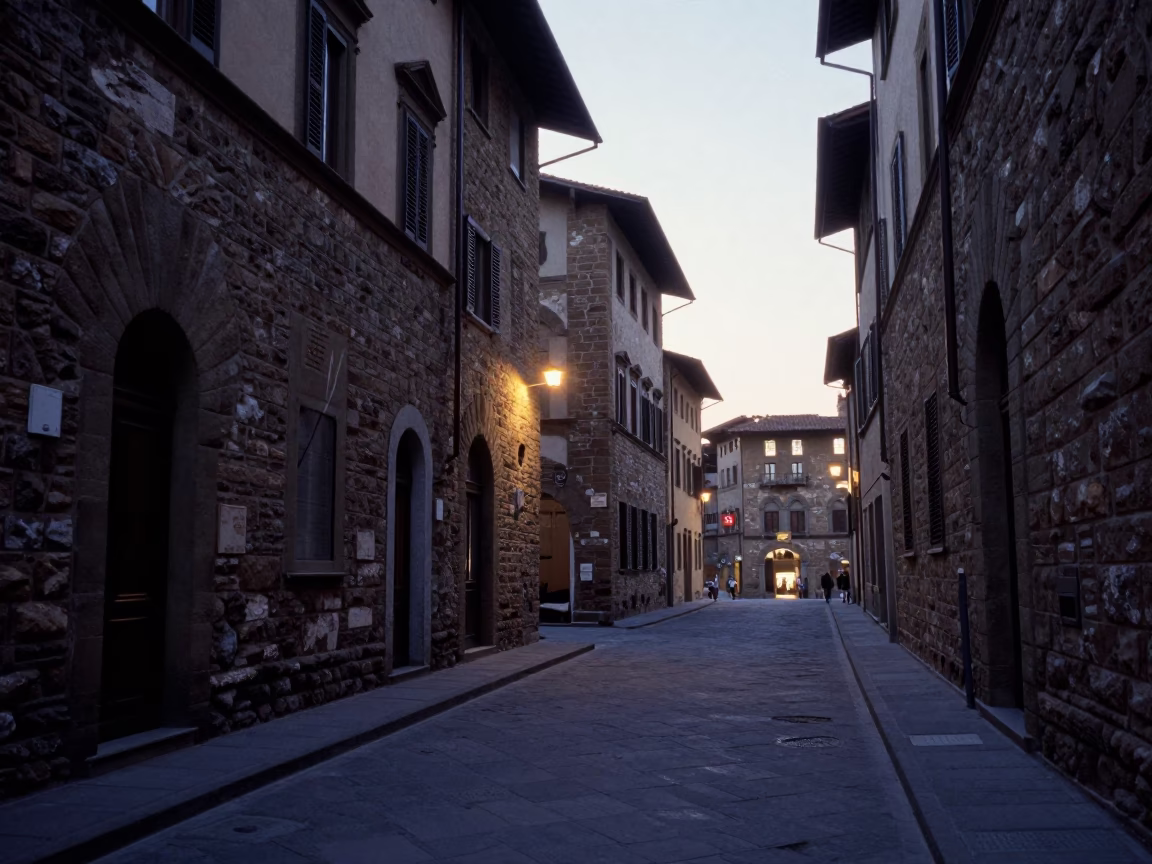 Pre-dawn Florence street scene with stone architecture and quiet morning light in in Florence, Italy