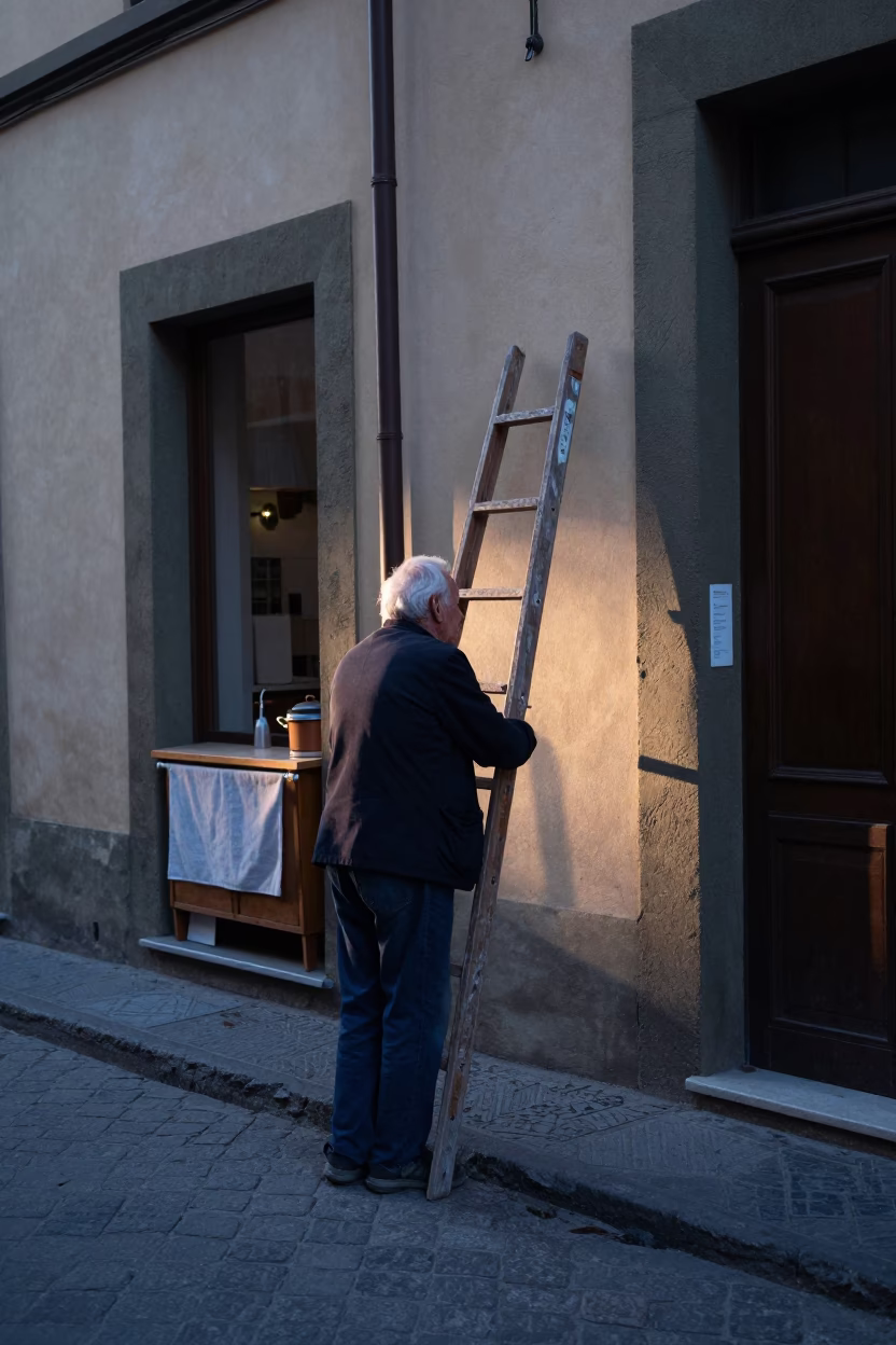 Pre-Dawn Florence Street Scene with Vintage Ladder and Kitchen Tongs in in Florence, Italy